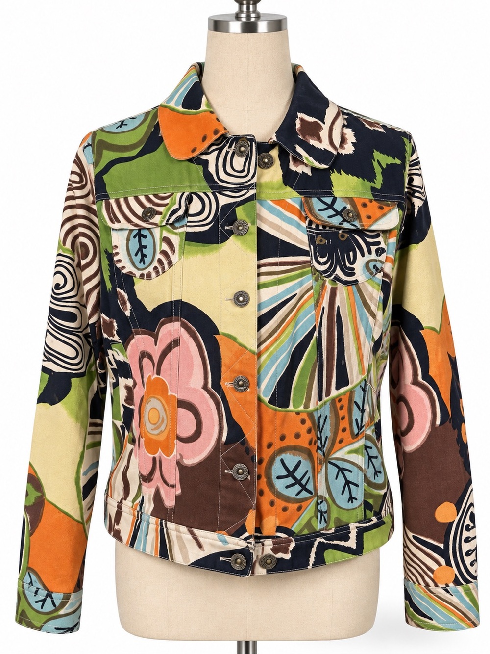 Abstract painterly multicolor print on canvas jacket. Jean jacket design- M